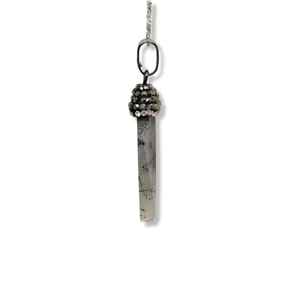 Rutilated Quartz Pointing Stone Arrow Gunmetal White Crystal accents Pendant 24" - Picture 3 of 6